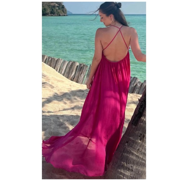 ZARA Bustier Neckline Chiffon Pink Flowy Goddess Maxi Dress Limited Edition XS - Picture 3 of 9